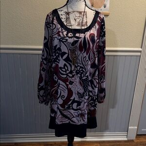 Michael Kors Black, Pink & Burgundy Abstract Long Sleeve Dress